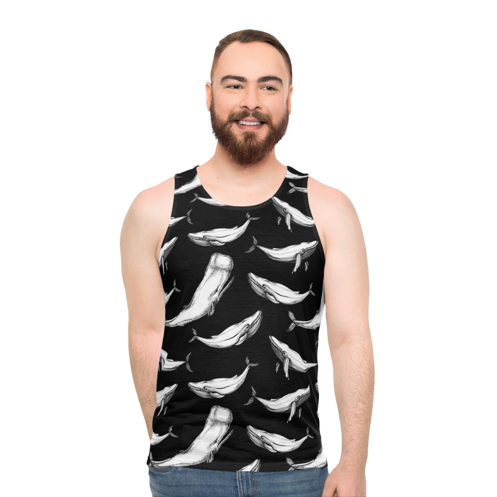 Whales in black seamless pattern unisex tank top