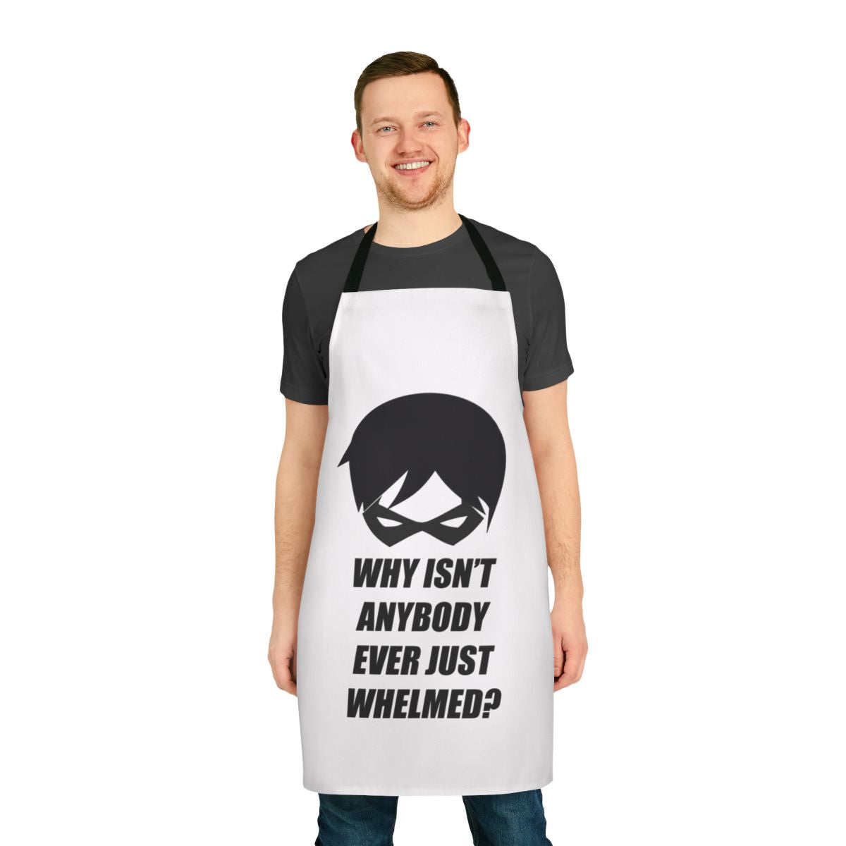 Whelmed superhero apron featuring the iconic Robin character from DC Comics' Young Justice series