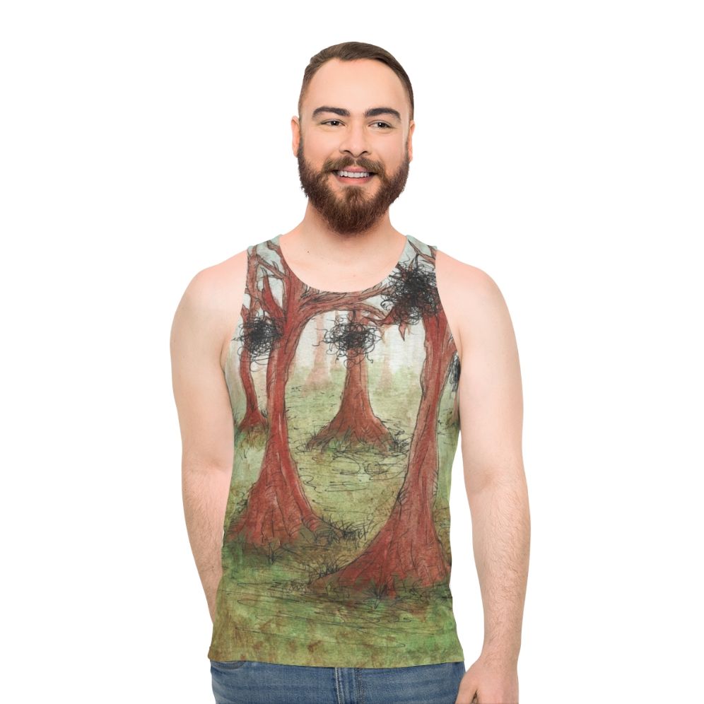 Whimsical abstract watercolor forest landscape unisex tank top