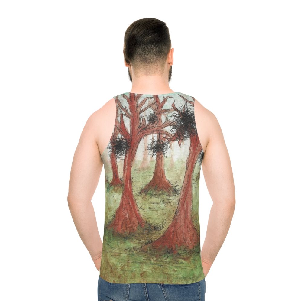 Whimsical abstract watercolor forest landscape unisex tank top