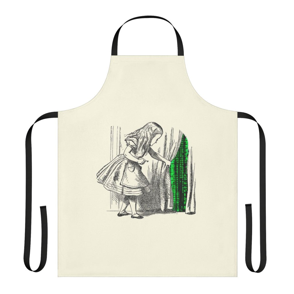 White rabbit design apron with Alice in Wonderland and Matrix elements