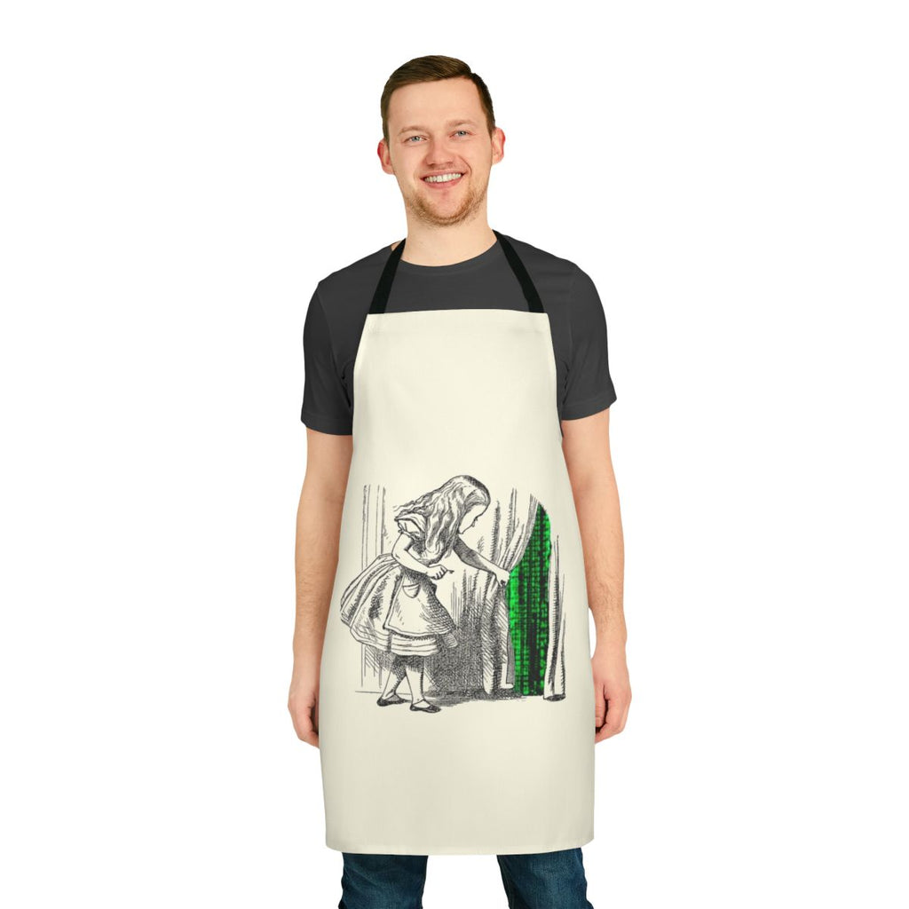 White rabbit design apron with Alice in Wonderland and Matrix elements