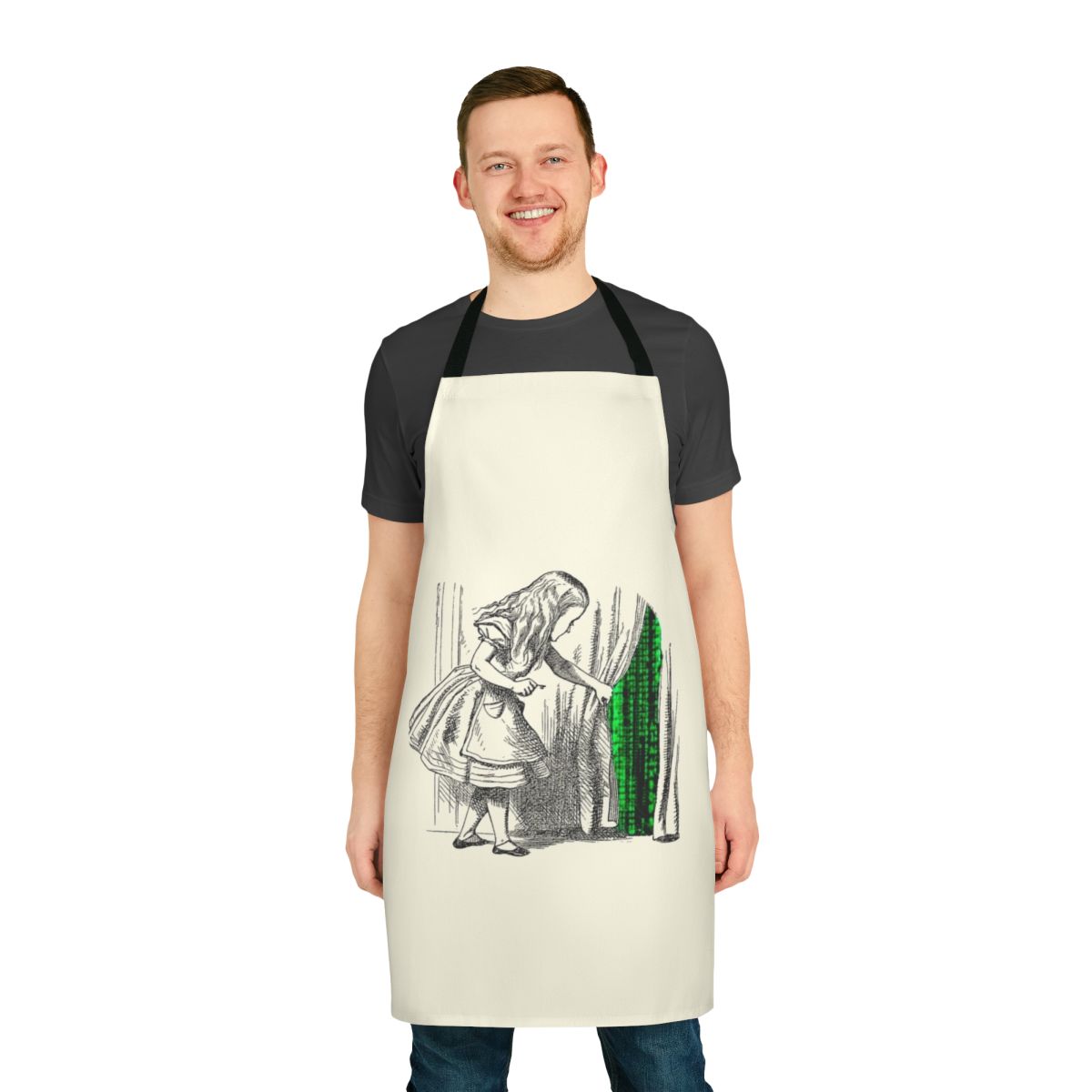 White rabbit design apron with Alice in Wonderland and Matrix elements