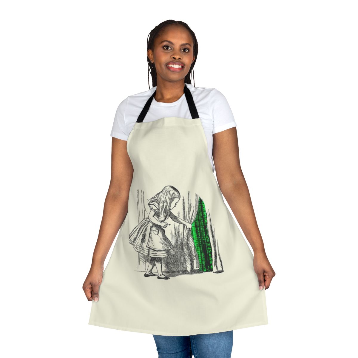 White rabbit design apron with Alice in Wonderland and Matrix elements