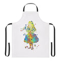 Watercolor illustration of Alice in Wonderland characters on a blue and white apron
