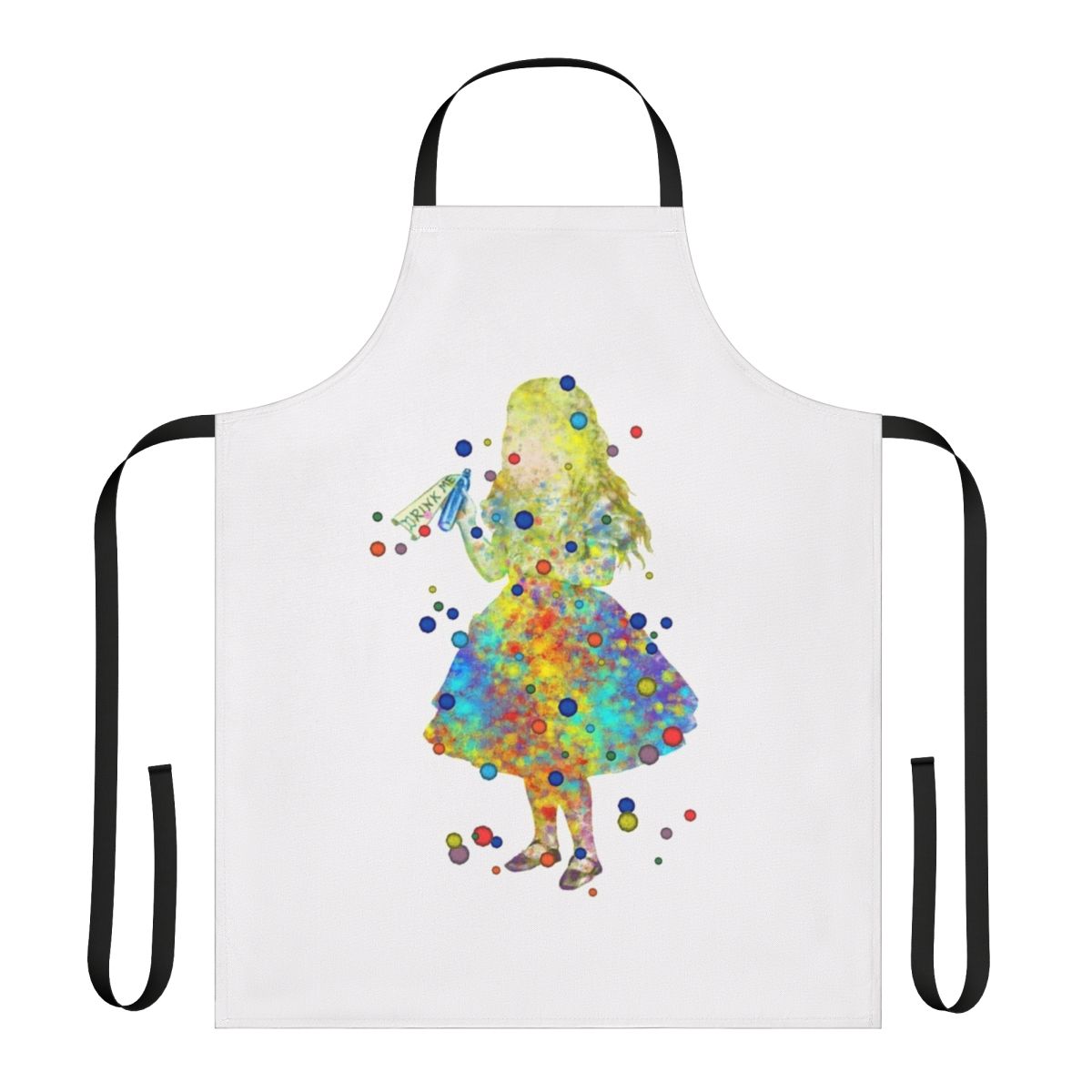 Watercolor illustration of Alice in Wonderland characters on a blue and white apron