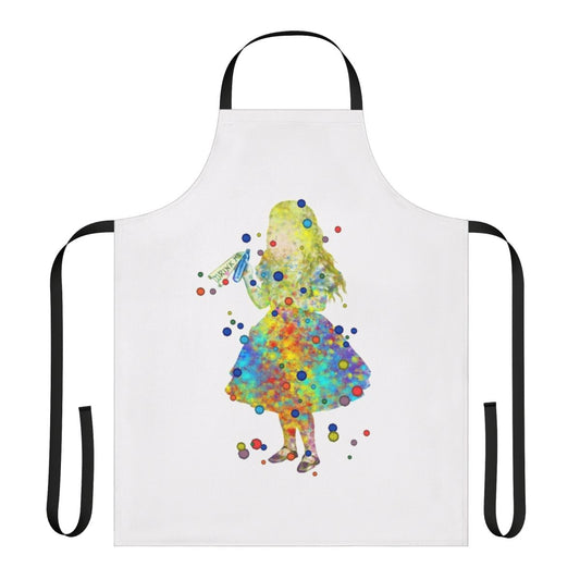 Watercolor illustration of Alice in Wonderland characters on a blue and white apron