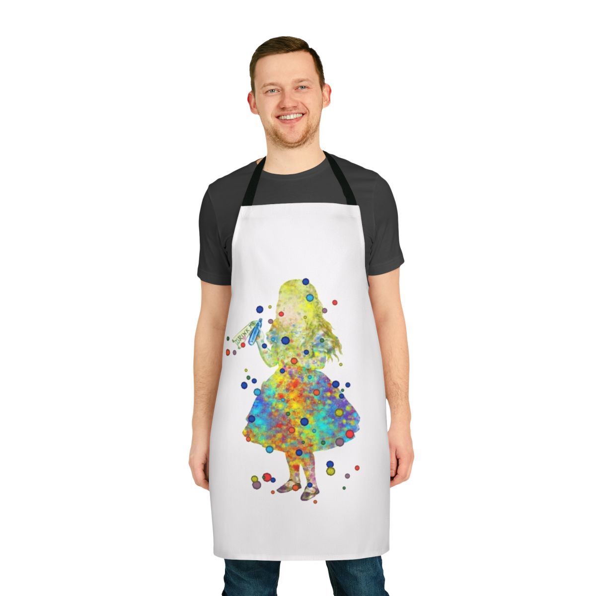 Watercolor illustration of Alice in Wonderland characters on a blue and white apron