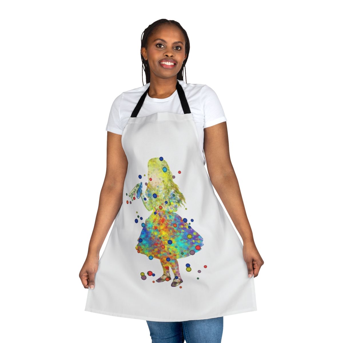 Watercolor illustration of Alice in Wonderland characters on a blue and white apron
