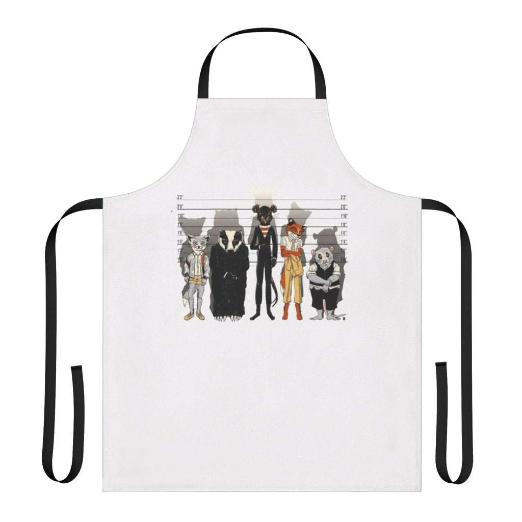 Whimsical apron featuring a mashup of animals from Fantastic Mr. Fox and The Usual Suspects