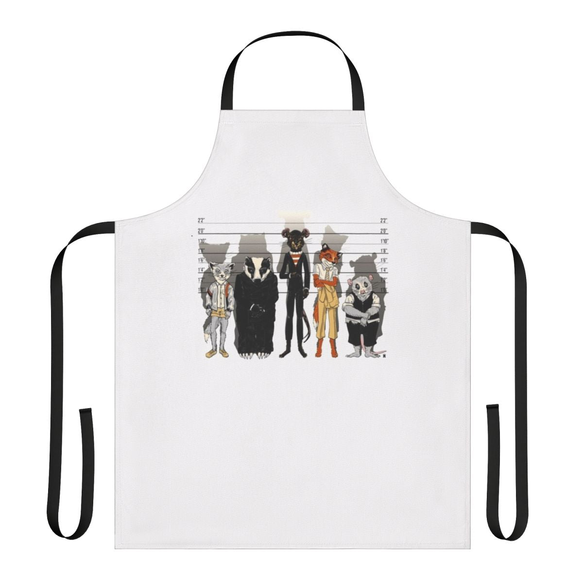 Whimsical apron featuring a mashup of animals from Fantastic Mr. Fox and The Usual Suspects