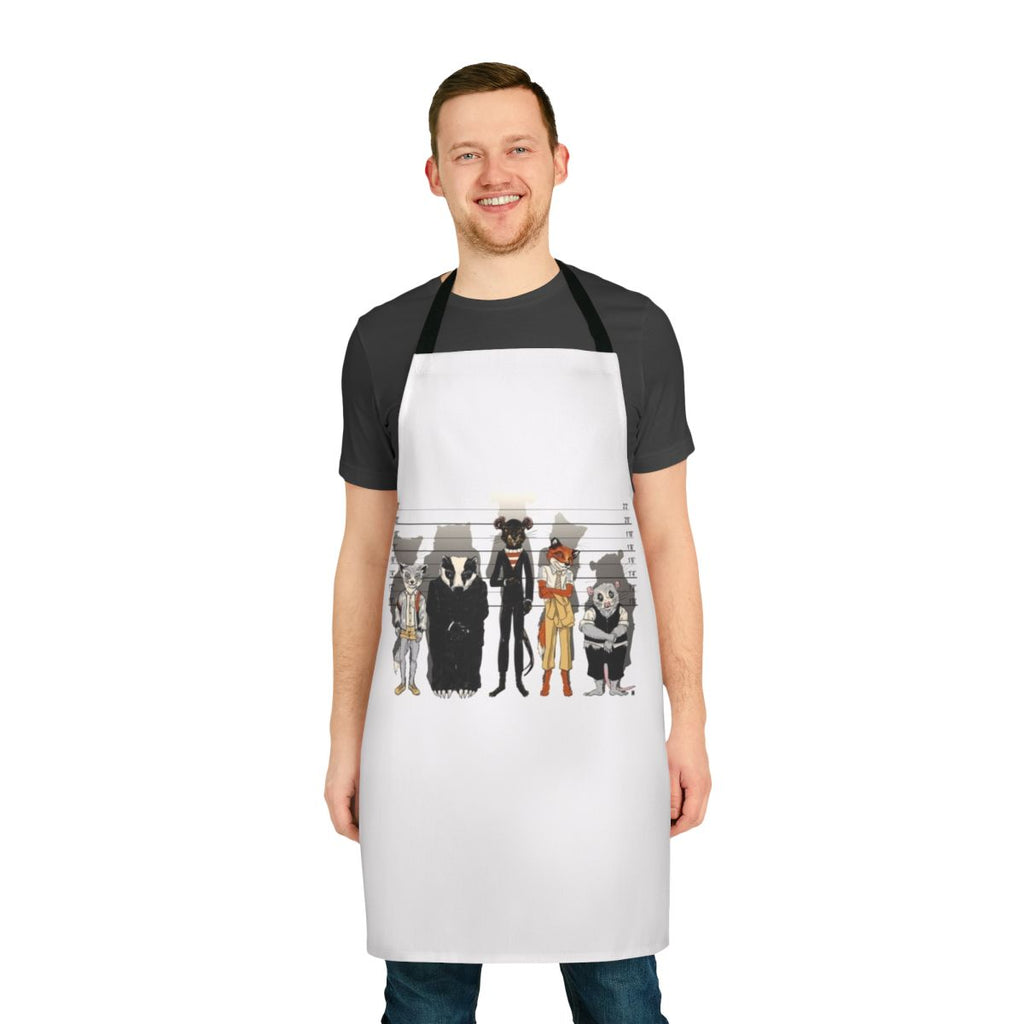Whimsical apron featuring a mashup of animals from Fantastic Mr. Fox and The Usual Suspects
