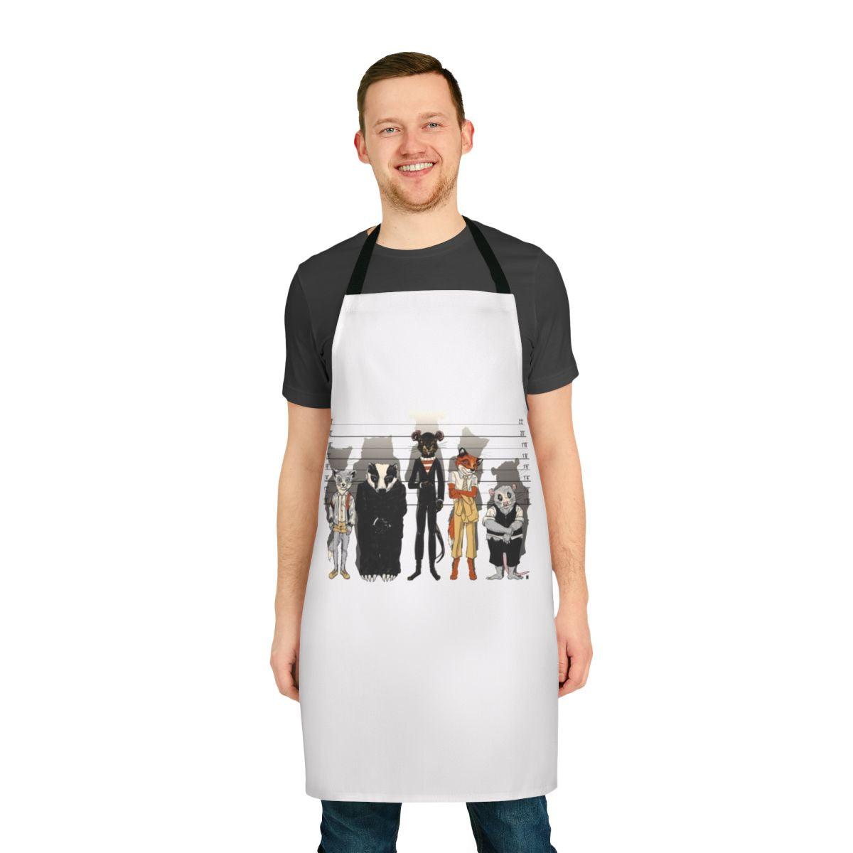 Whimsical apron featuring a mashup of animals from Fantastic Mr. Fox and The Usual Suspects