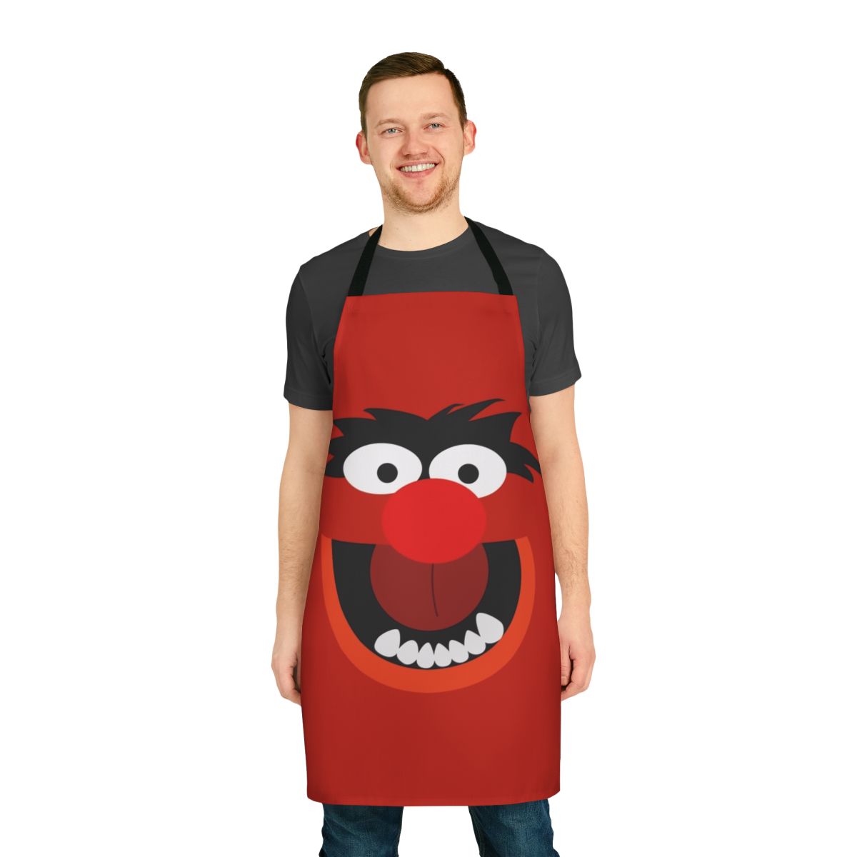 Whimsical animal-themed apron featuring Muppet characters like Miss Piggy, Kermit the Frog, and Dr. Teeth.