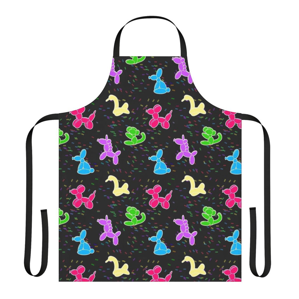 Colorful balloon animals printed on a black cooking apron