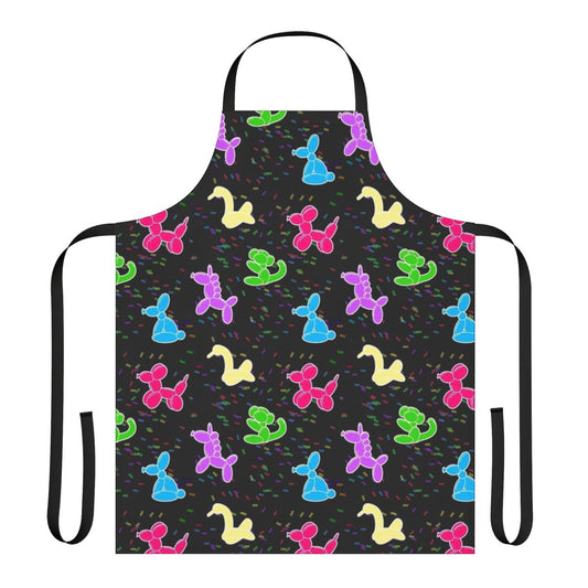 Colorful balloon animals printed on a black cooking apron