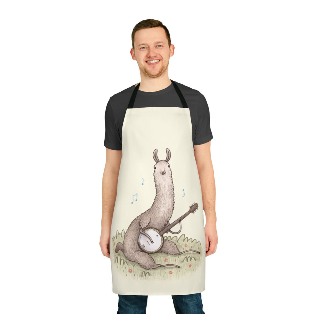 Whimsical apron featuring a playful design of a llama playing a banjo