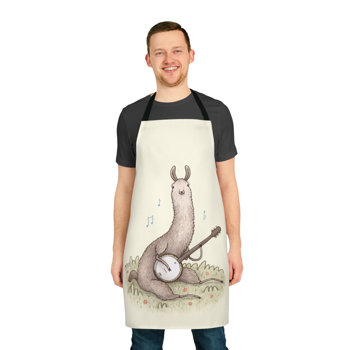 Whimsical apron featuring a playful design of a llama playing a banjo