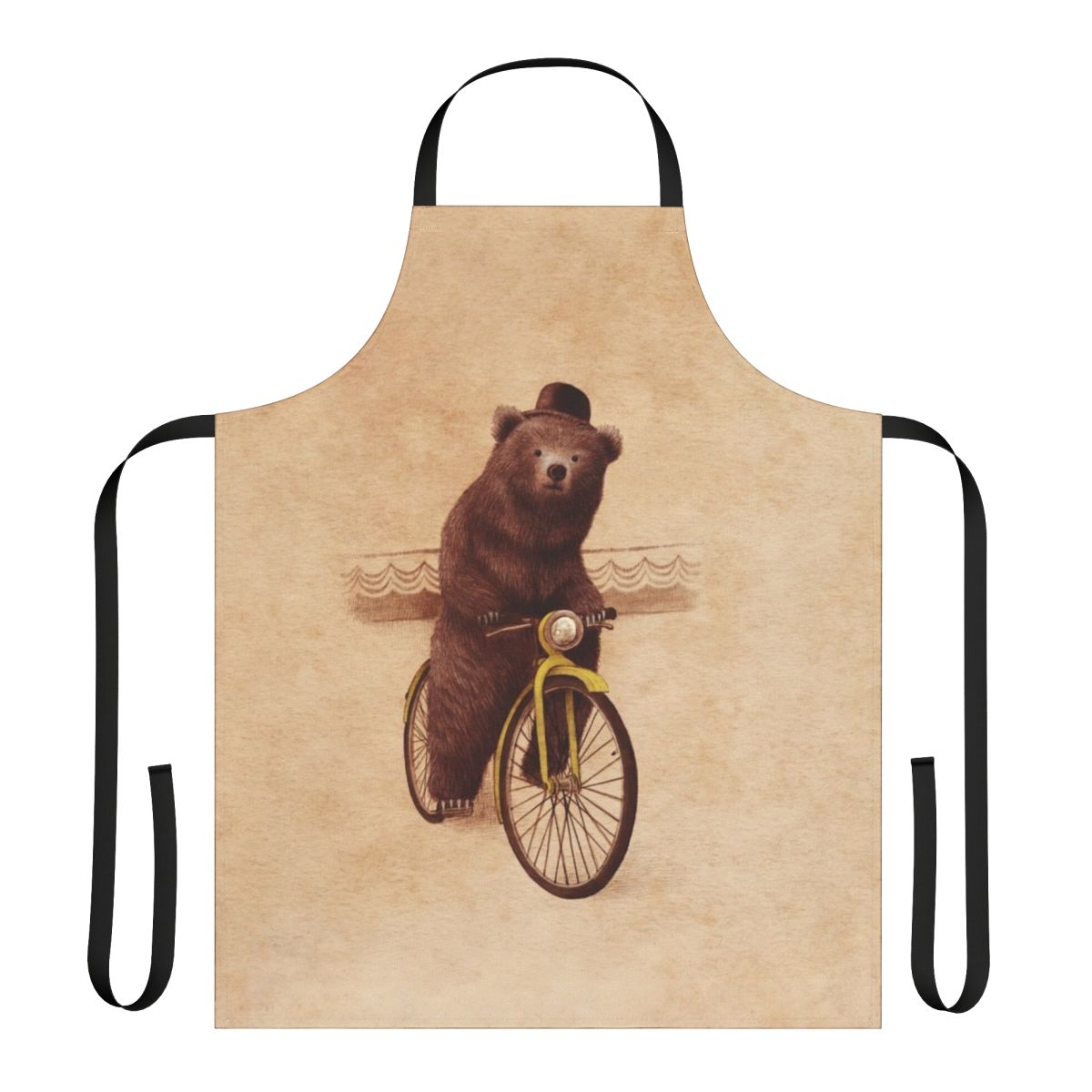 Whimsical and vintage-inspired illustration of a brown bear wearing a bowler hat and riding a bicycle, printed on a high-quality apron.