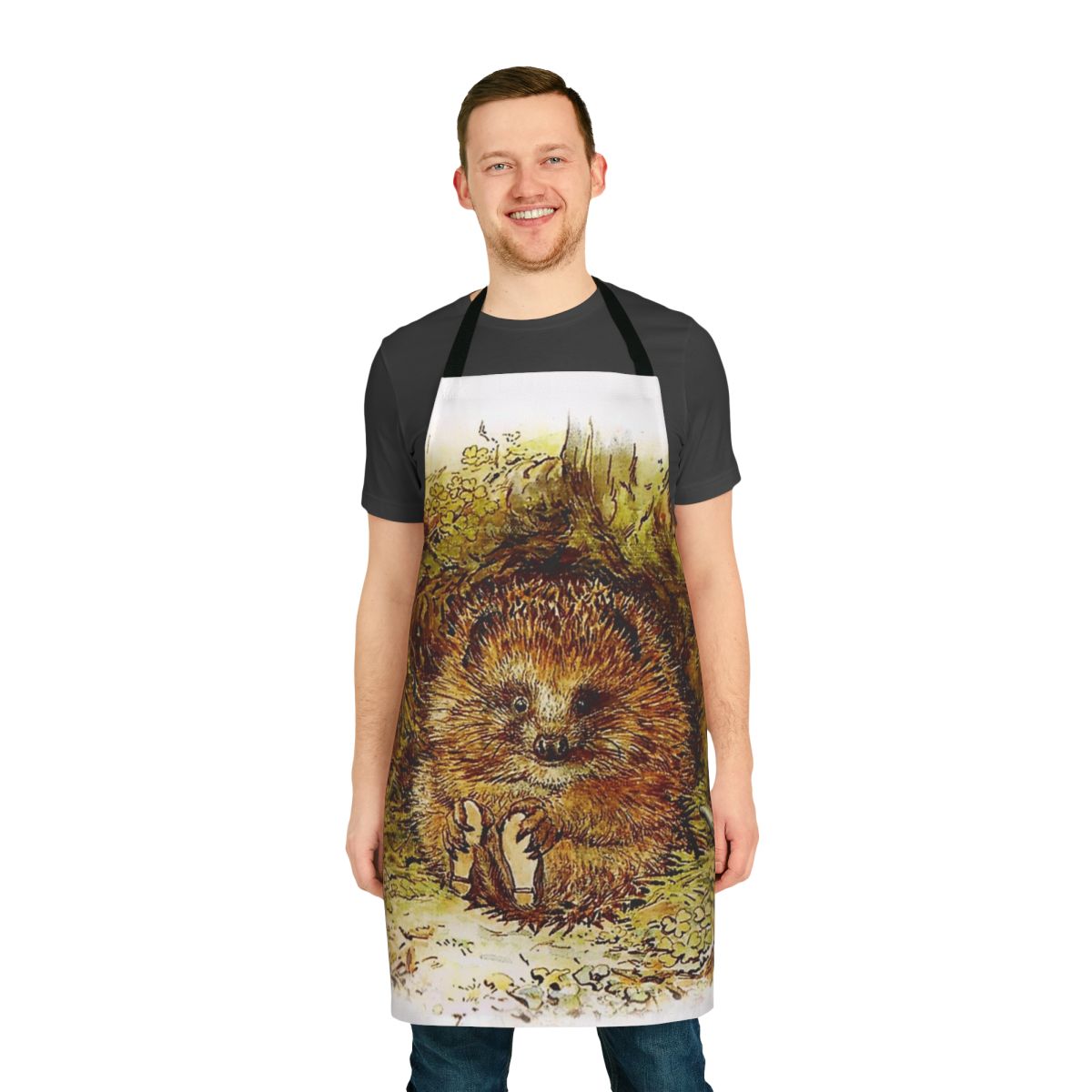 A charming apron featuring the hedgehog character from Beatrix Potter's beloved children's tales