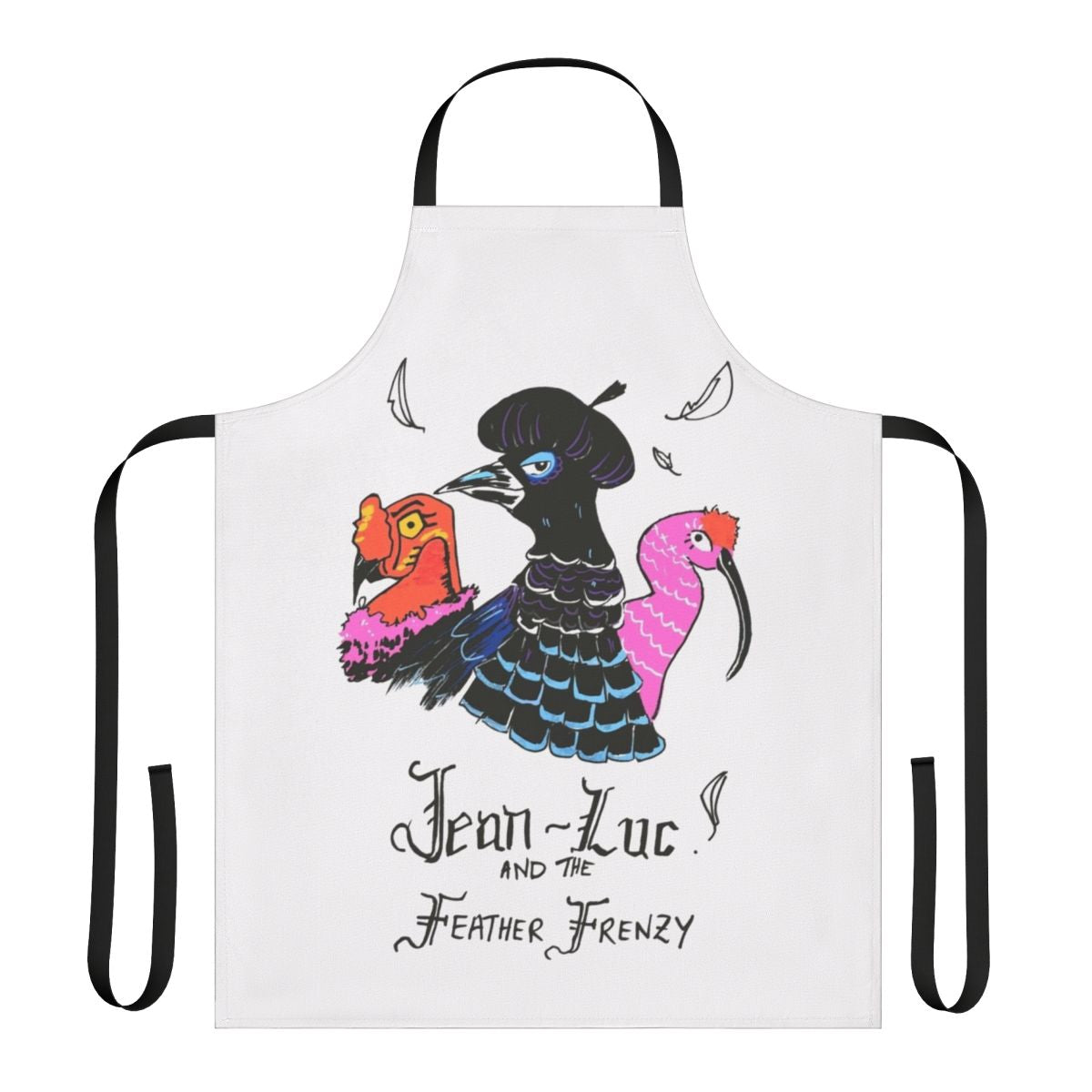 Playful apron featuring a colorful doodle of tropical birds and feathers