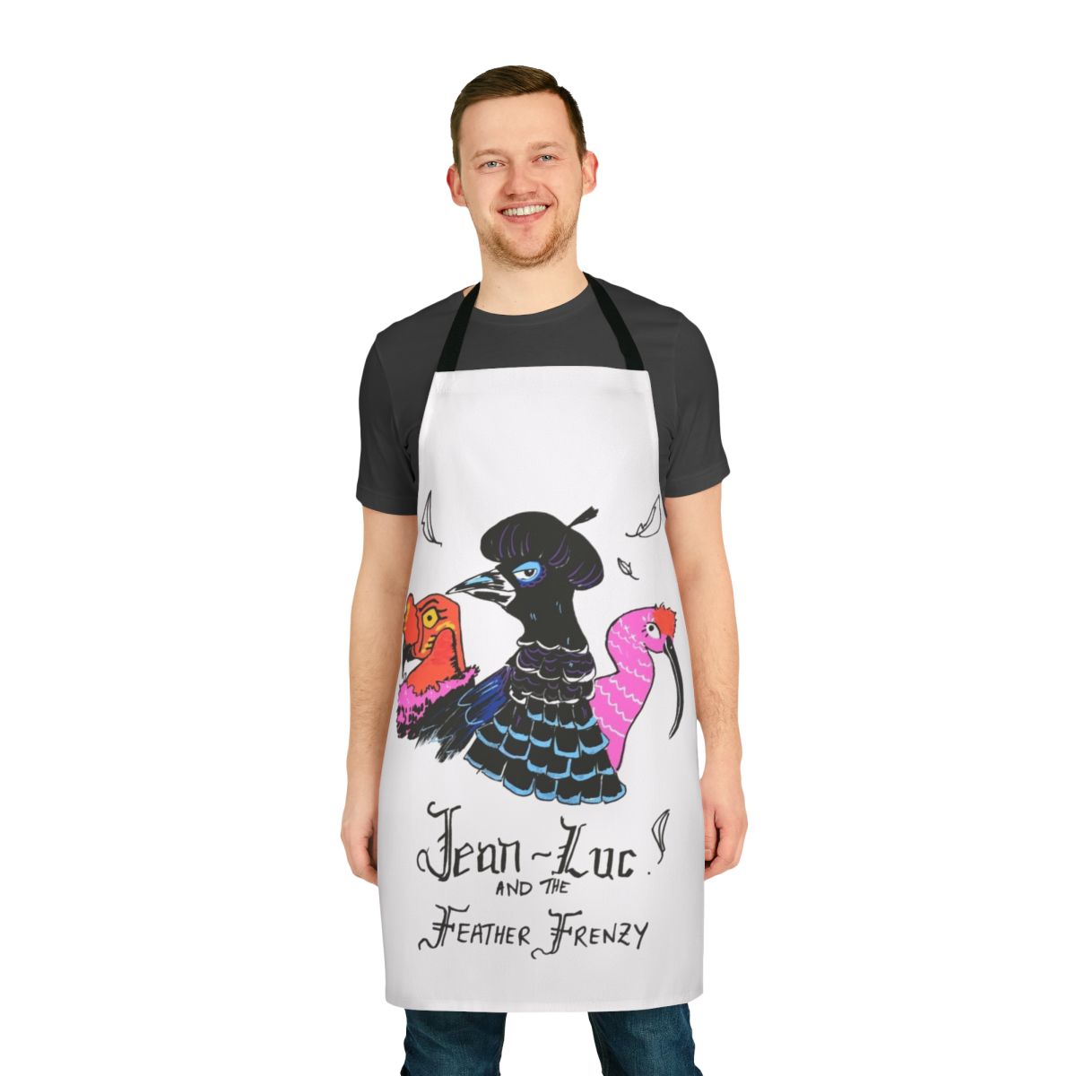 Playful apron featuring a colorful doodle of tropical birds and feathers