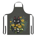 A black cat with flowers in a botanical, whimsical design on a high-quality apron