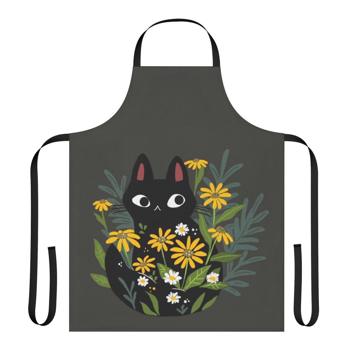 A black cat with flowers in a botanical, whimsical design on a high-quality apron