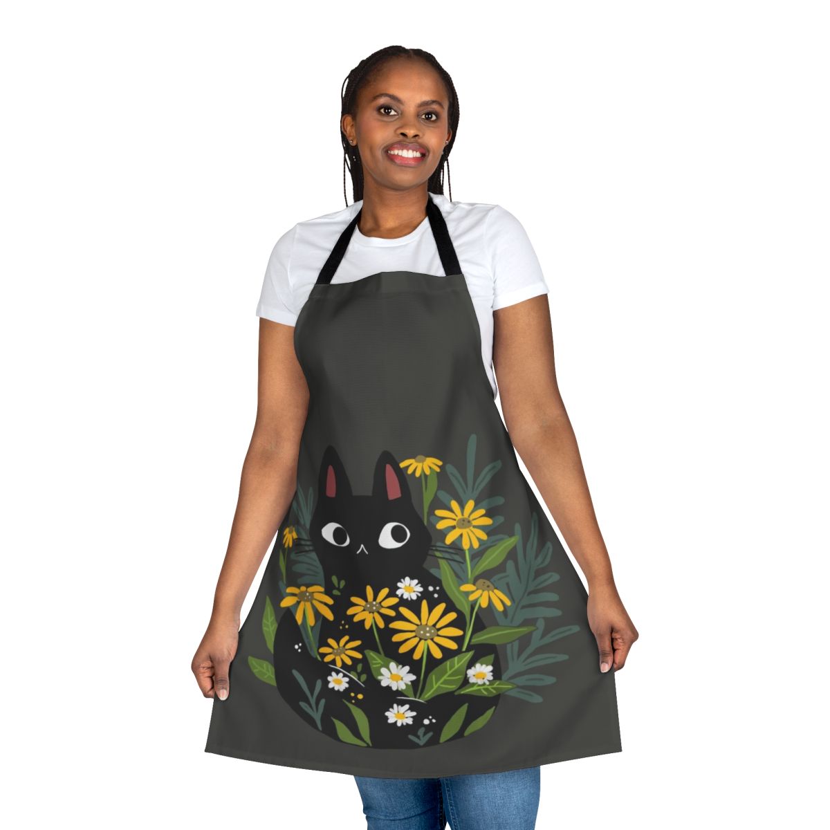 A black cat with flowers in a botanical, whimsical design on a high-quality apron