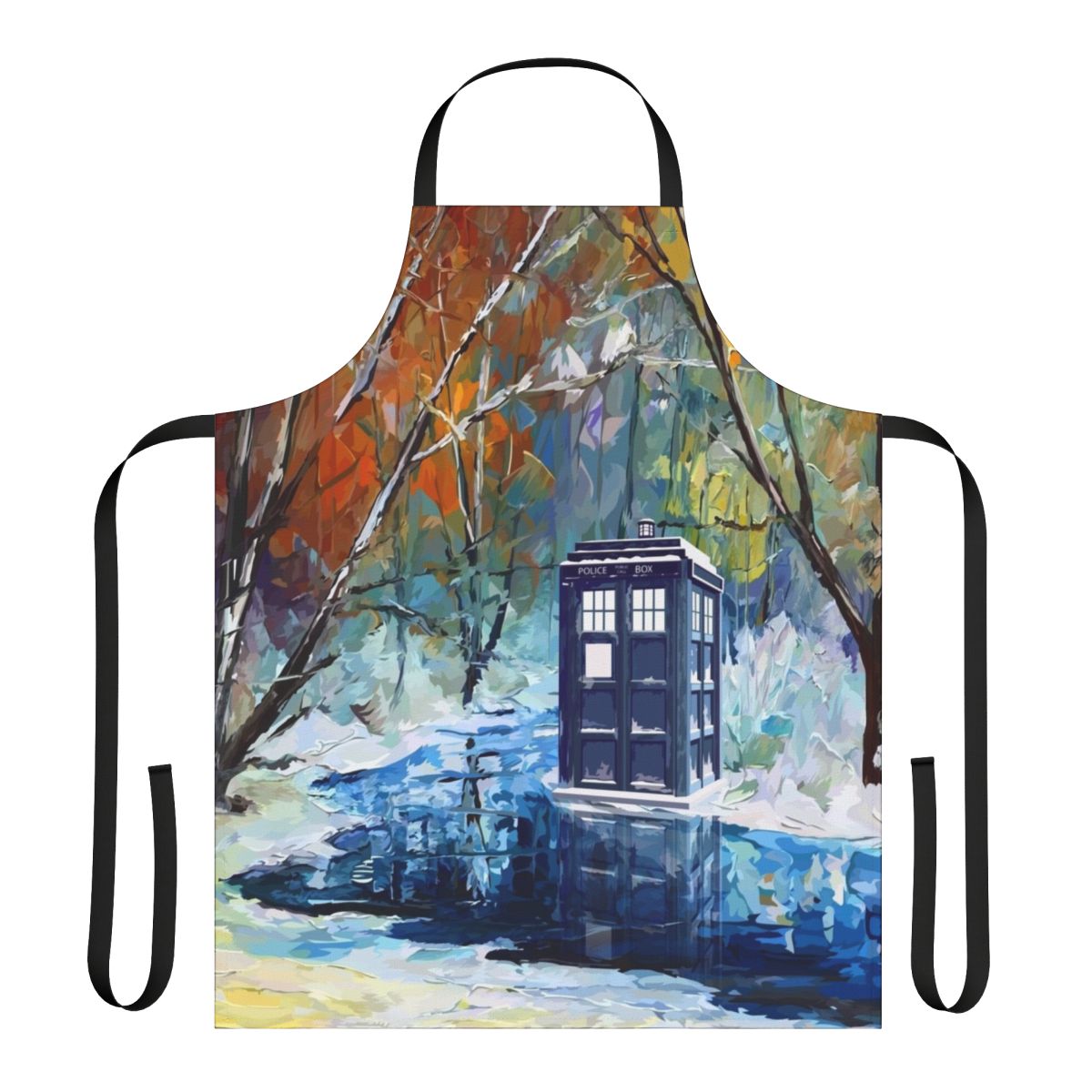 Blue phone booth with snowy, starry winter landscape design on an apron