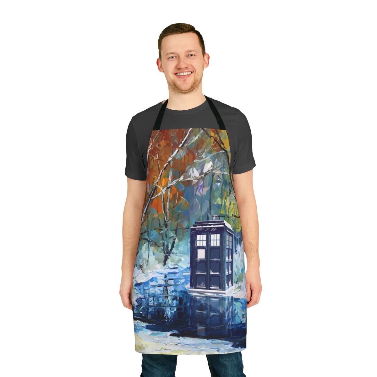 Blue phone booth with snowy, starry winter landscape design on an apron