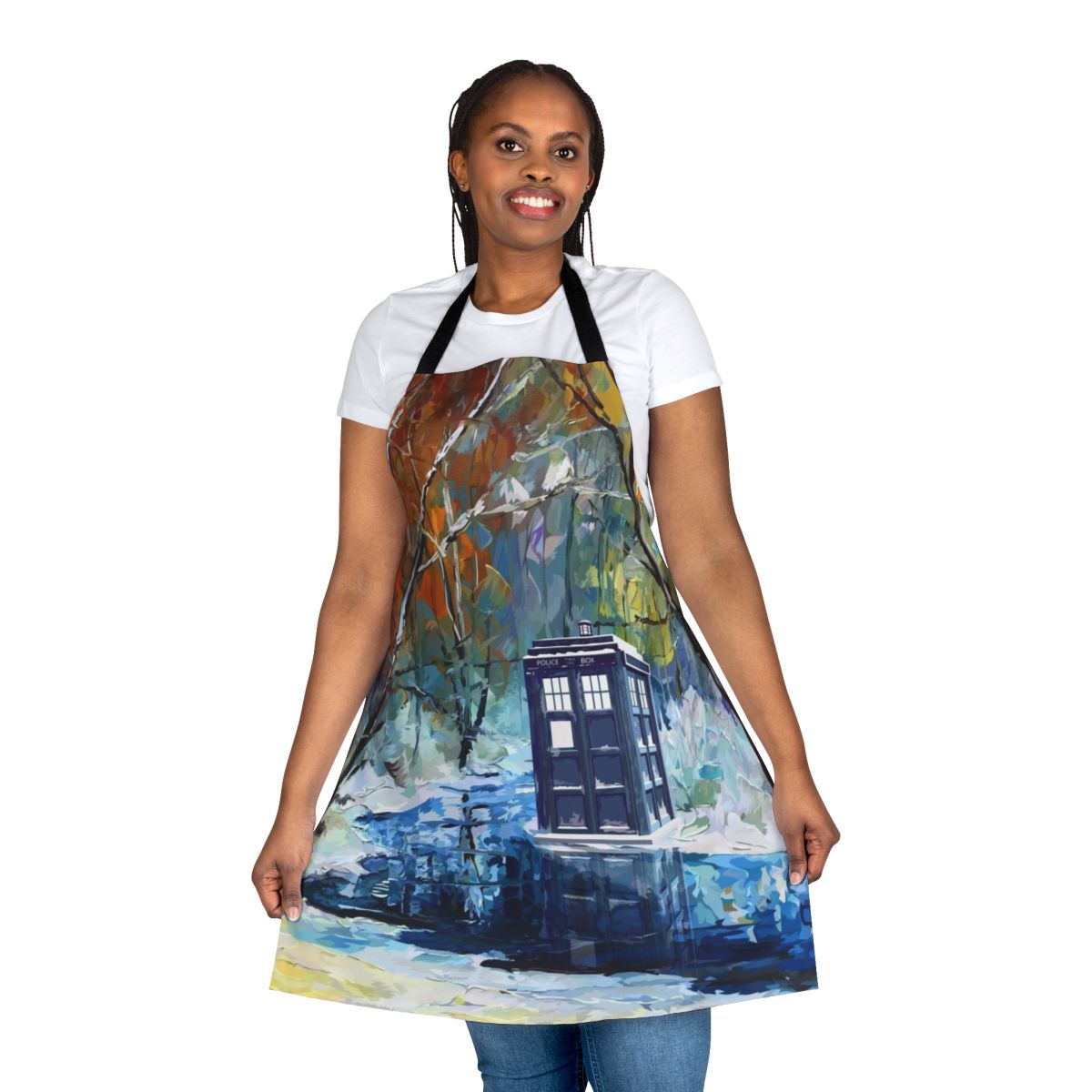Blue phone booth with snowy, starry winter landscape design on an apron