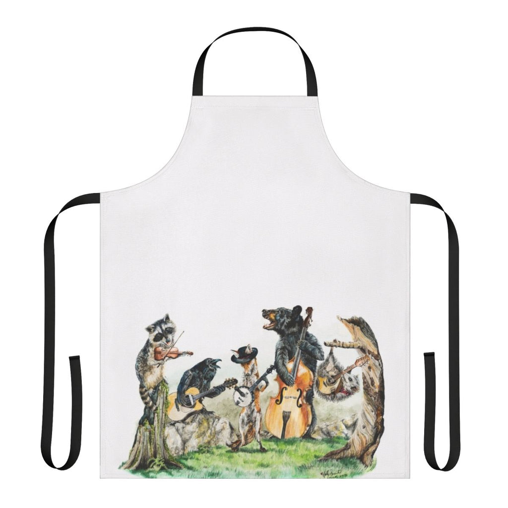 Bluegrass Animal Music Apron featuring a watercolor illustration of forest animals playing musical instruments