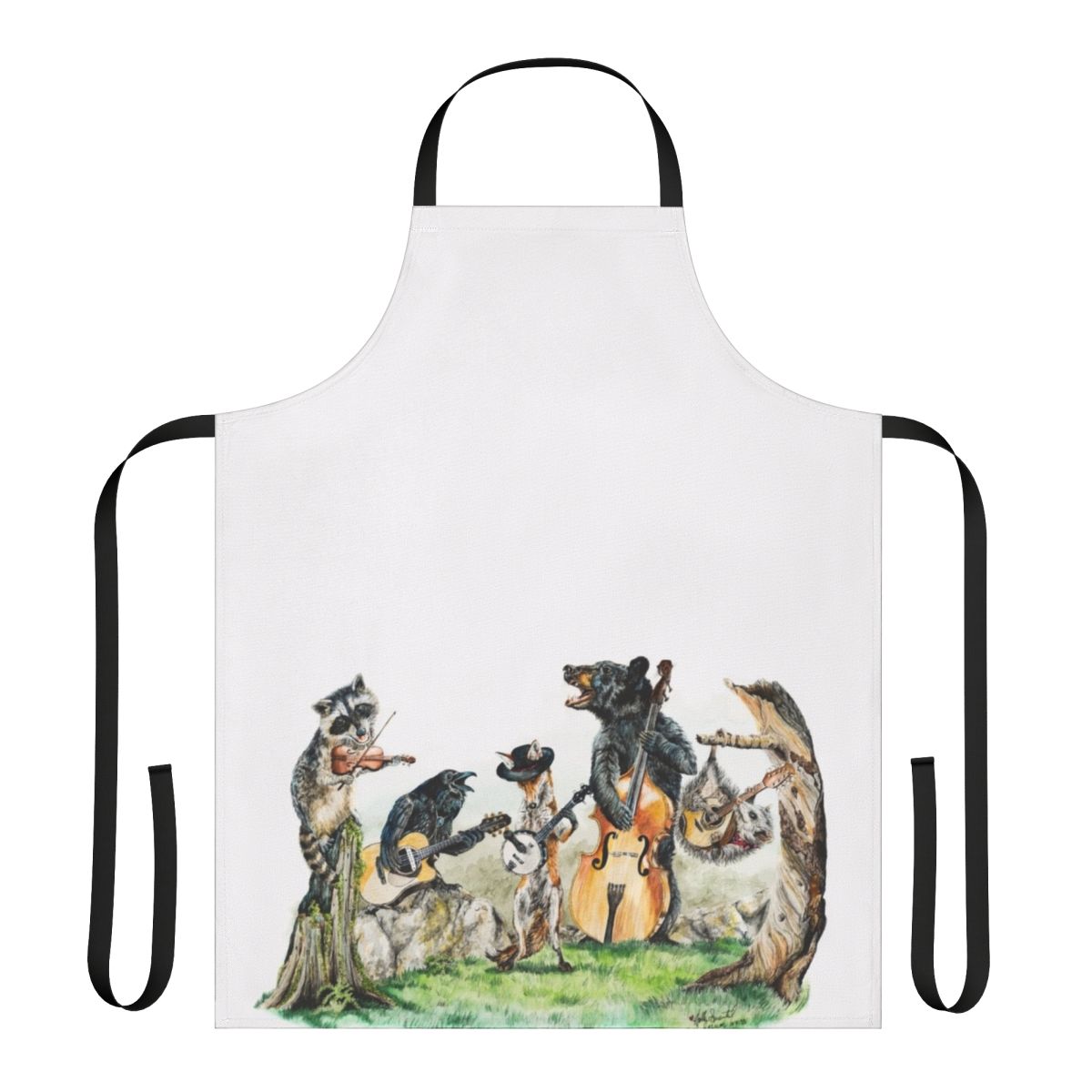 Bluegrass Animal Music Apron featuring a watercolor illustration of forest animals playing musical instruments