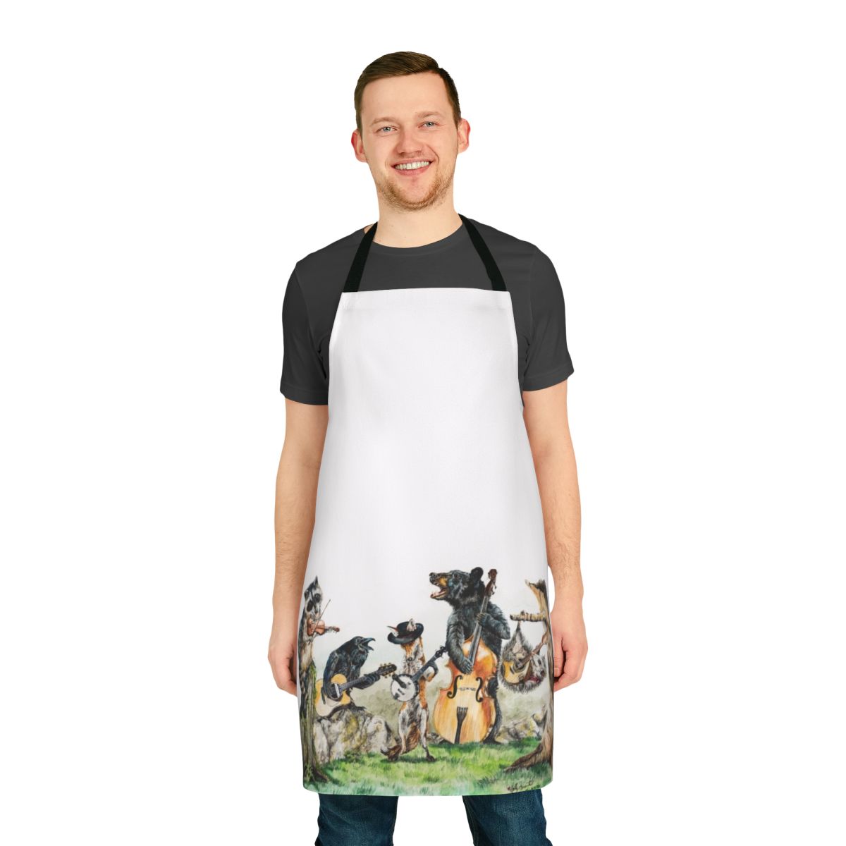 Bluegrass Animal Music Apron featuring a watercolor illustration of forest animals playing musical instruments