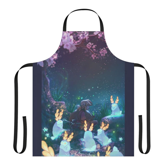 Whimsical apron featuring blupees, the moon, and a blossoming cherry tree