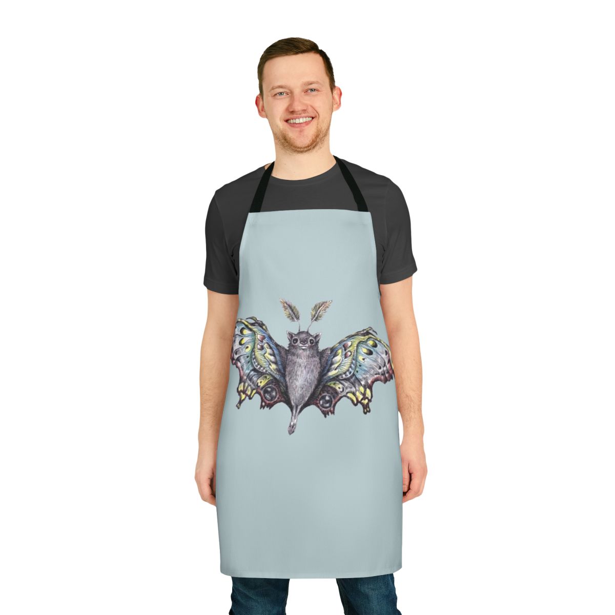 Whimsical butterbat apron featuring a mythical creature design in a pop surrealism style
