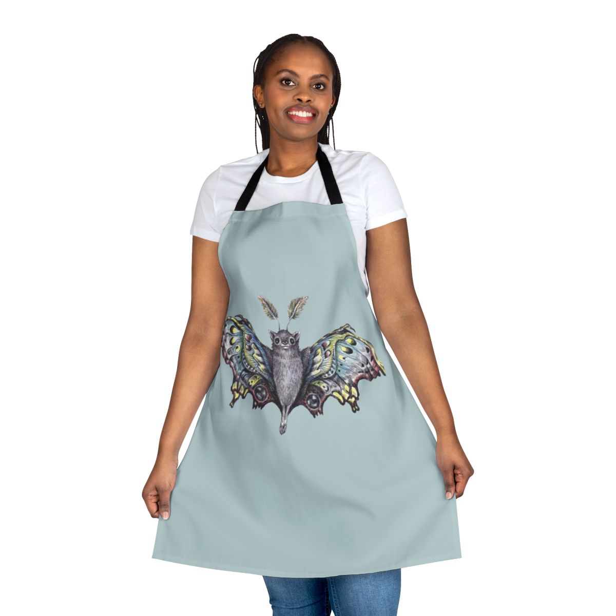 Whimsical butterbat apron featuring a mythical creature design in a pop surrealism style
