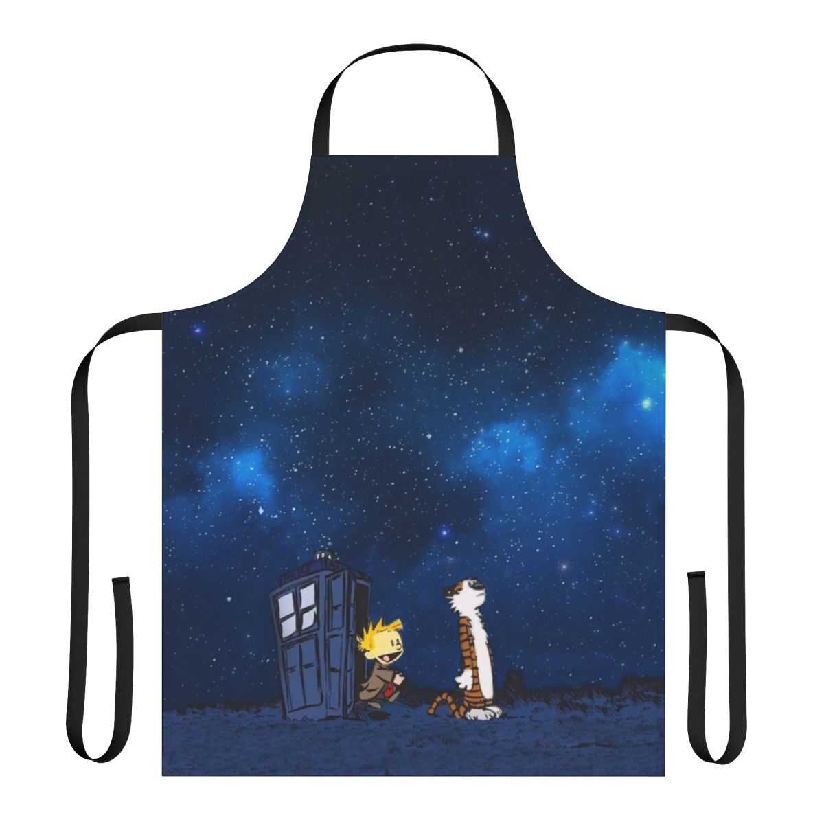 A high-quality apron featuring the beloved characters Calvin and Hobbes from the classic comic strip.