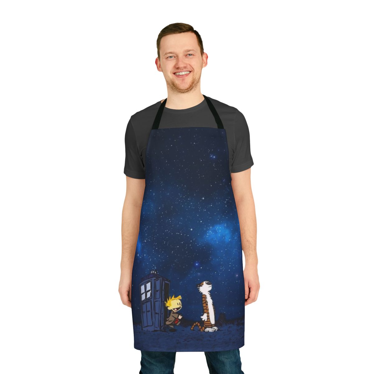 A high-quality apron featuring the beloved characters Calvin and Hobbes from the classic comic strip.