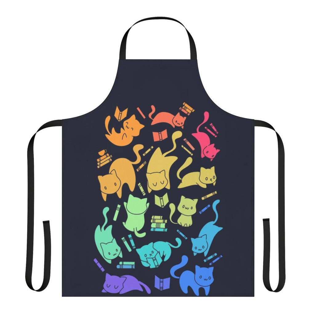 Colorful apron with cute cats and books in a fantasy, rainbow-filled pattern