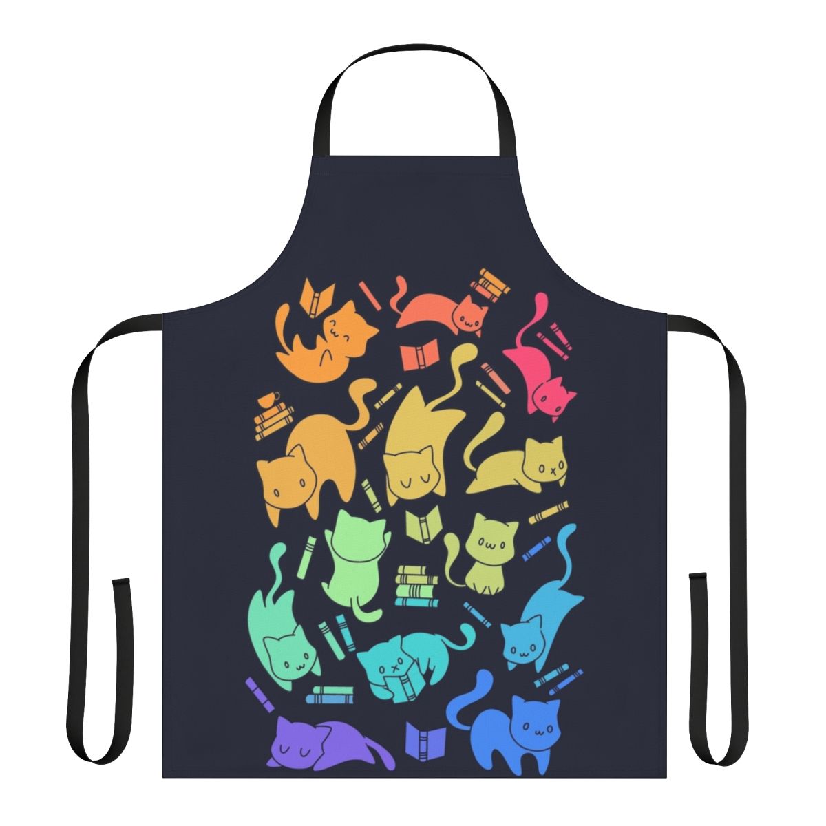 Colorful apron with cute cats and books in a fantasy, rainbow-filled pattern