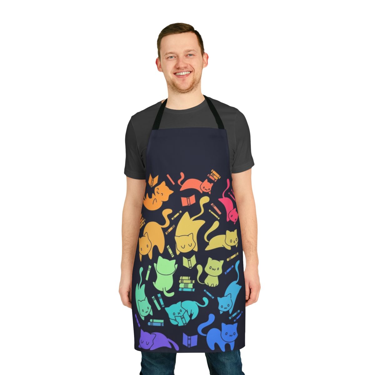 Colorful apron with cute cats and books in a fantasy, rainbow-filled pattern