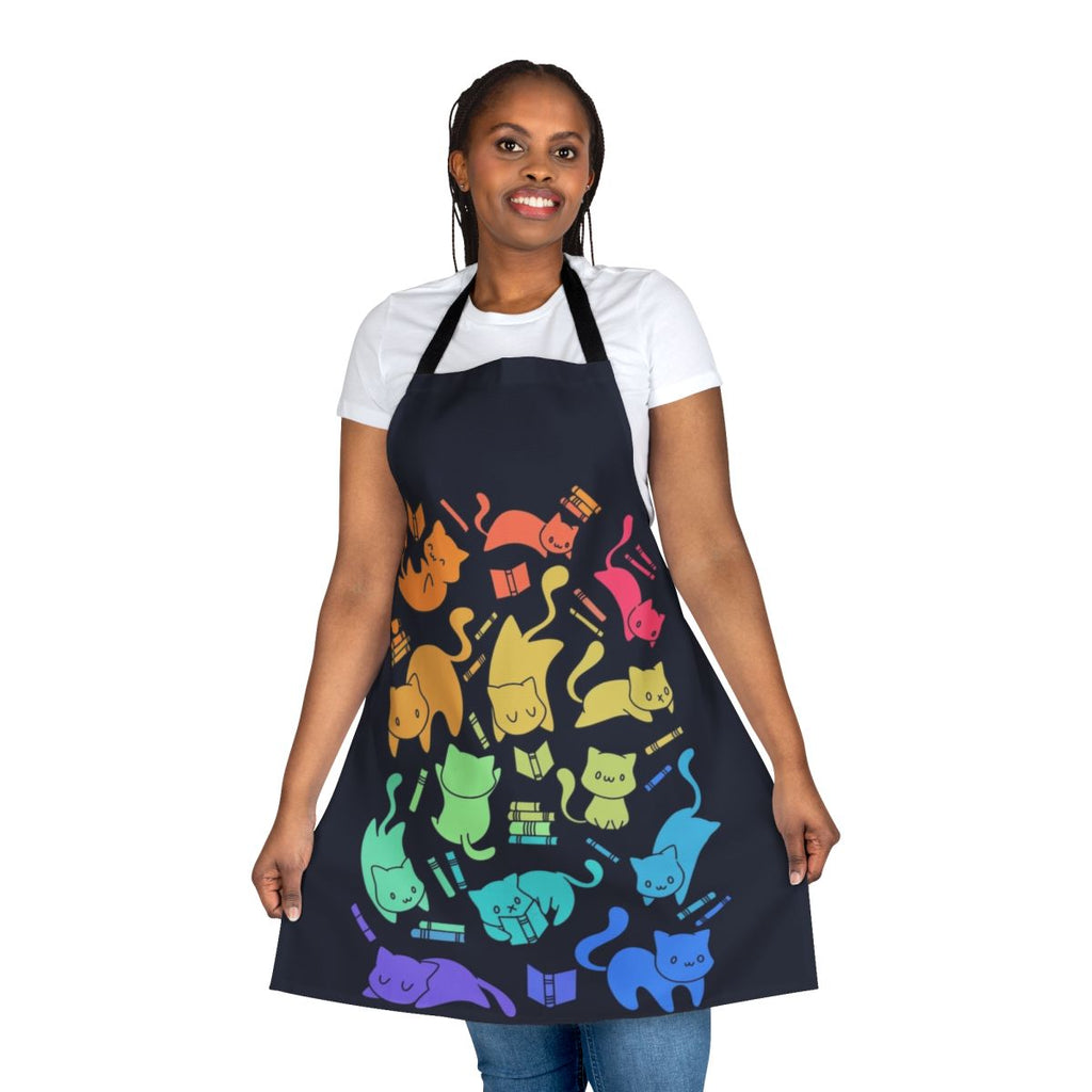 Colorful apron with cute cats and books in a fantasy, rainbow-filled pattern
