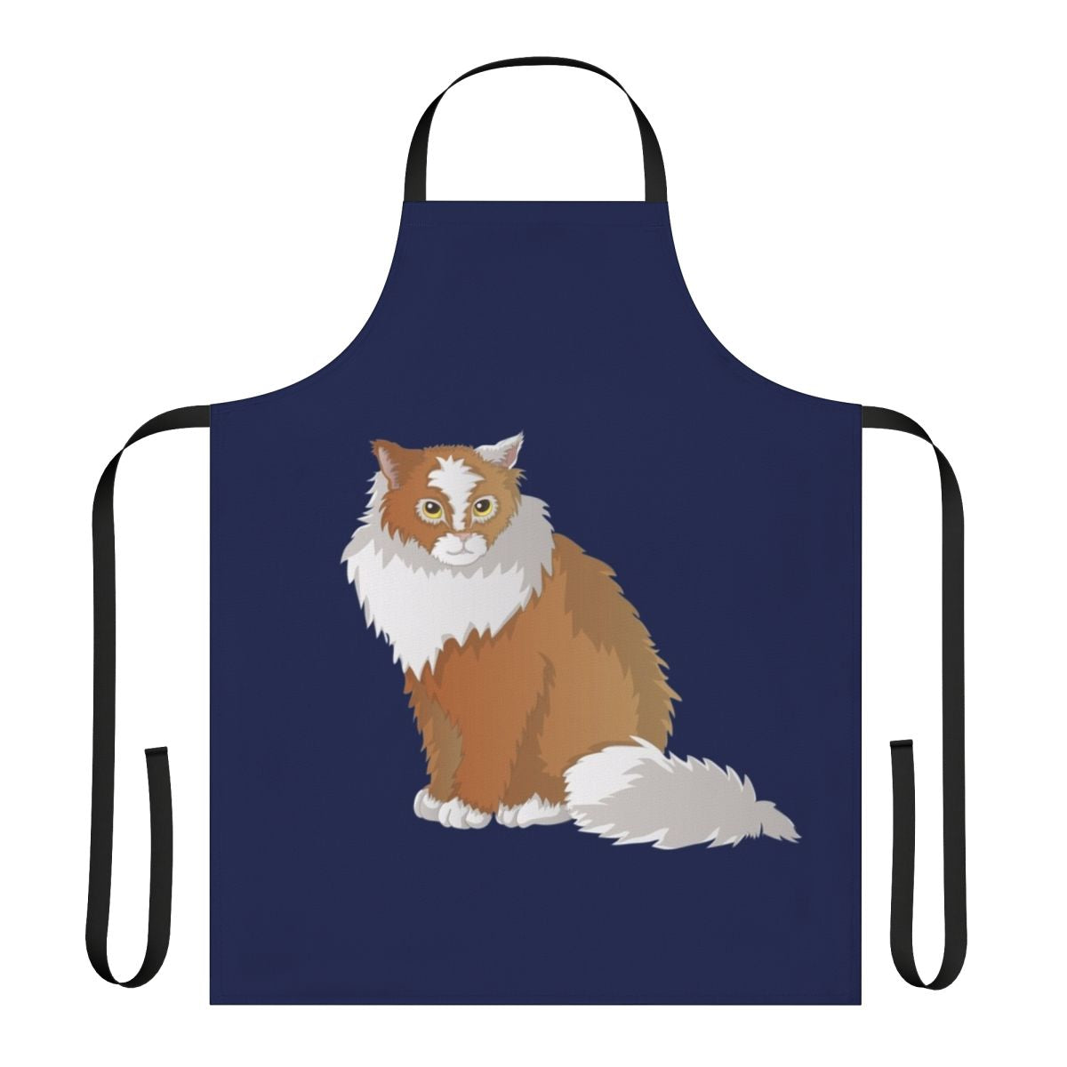 Whimsical apron featuring a cat in the style of the mythical cat burma creature