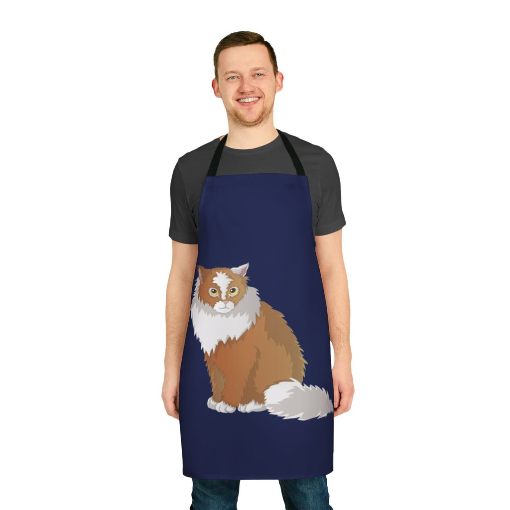Whimsical apron featuring a cat in the style of the mythical cat burma creature
