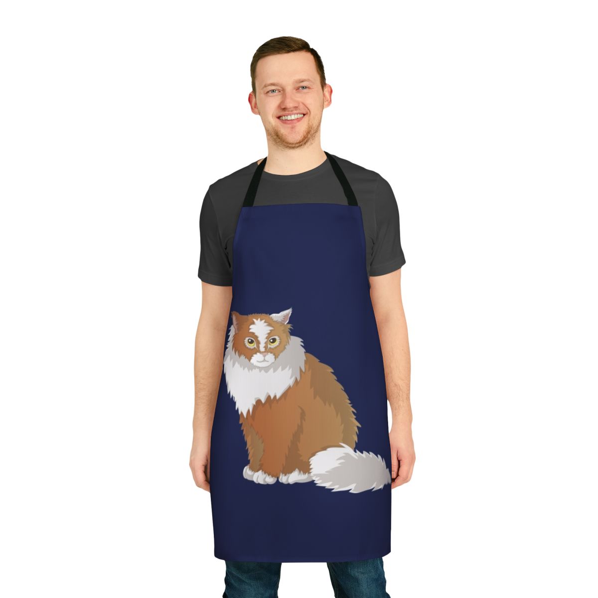 Whimsical apron featuring a cat in the style of the mythical cat burma creature