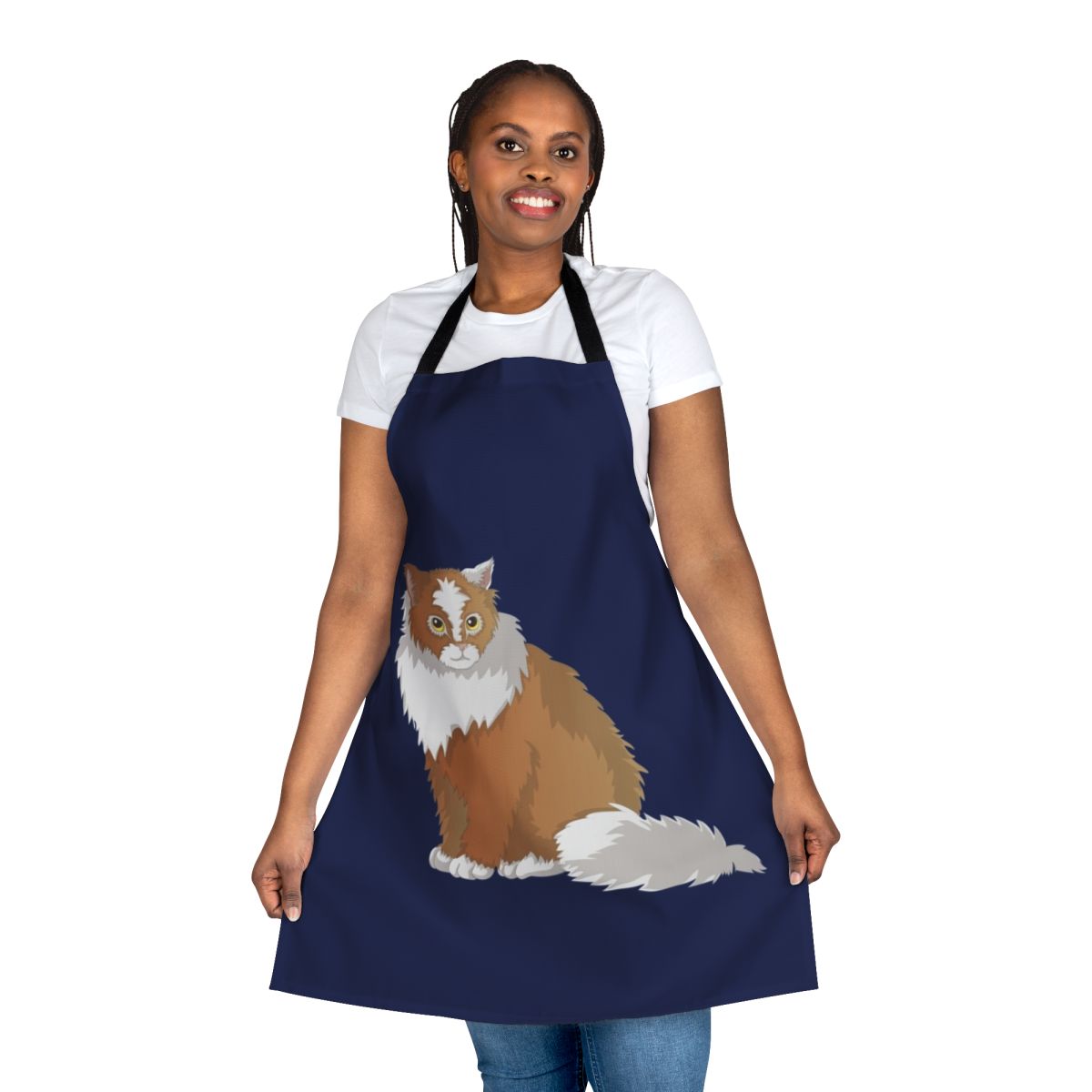 Whimsical apron featuring a cat in the style of the mythical cat burma creature