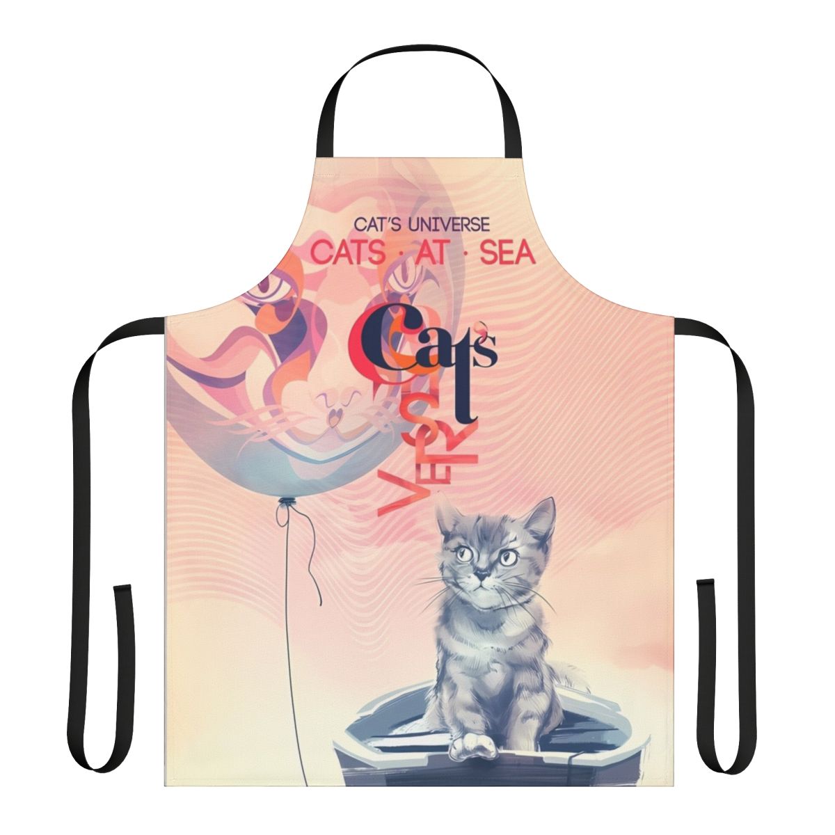 Whimsical apron featuring a hand-drawn cat in a fantasy universe with a boat at sea