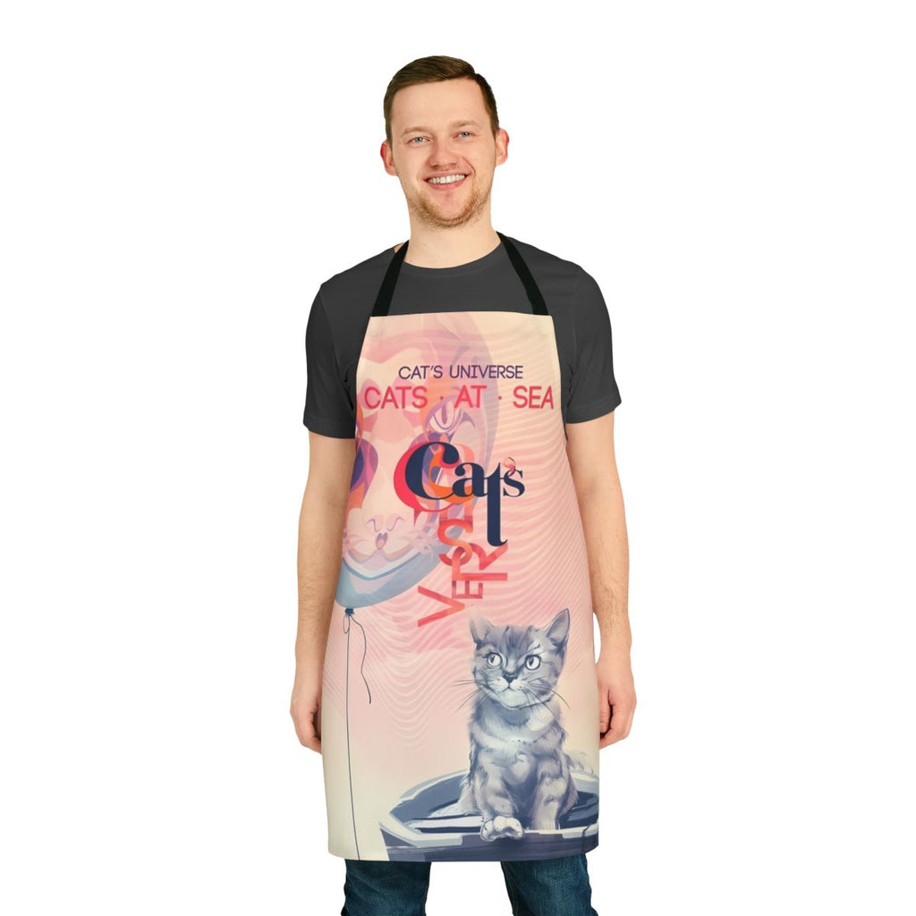 Whimsical apron featuring a hand-drawn cat in a fantasy universe with a boat at sea